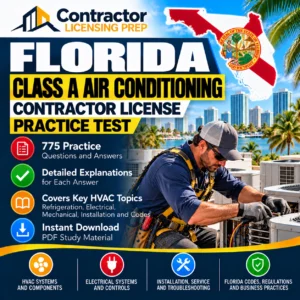 Florida Class A Air Conditioning Contractor License Practice Test featuring HVAC exam preparation, practice questions, and air conditioning systems.