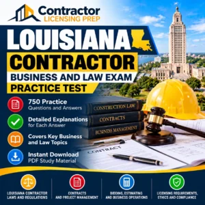 Louisiana Contractor Business and Law Exam Practice Test featuring construction law, contracts, business management, and licensing topics.
