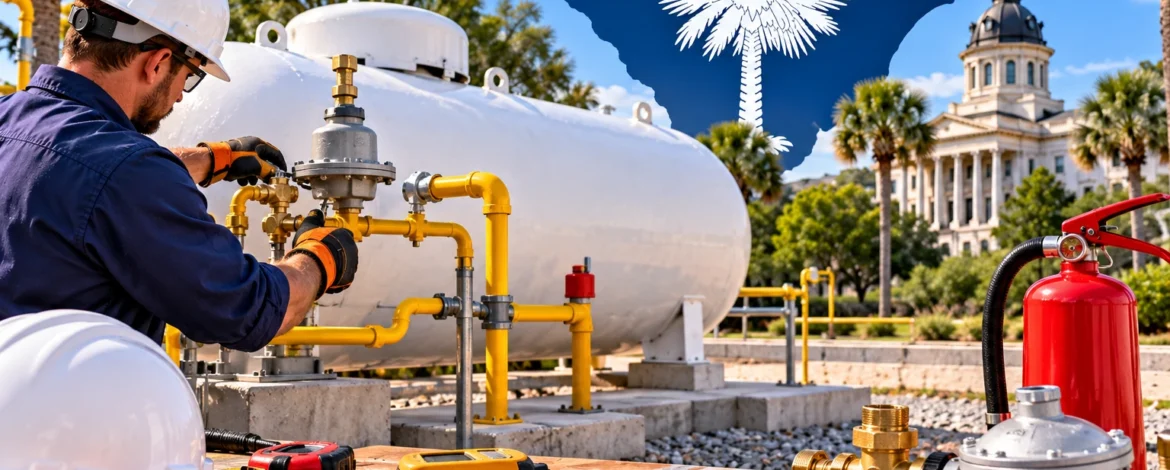 South Carolina propane safety inspection with LP gas storage tank, regulator fittings, and safety equipment
