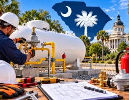 South Carolina propane safety inspection with LP gas storage tank, regulator fittings, and safety equipment