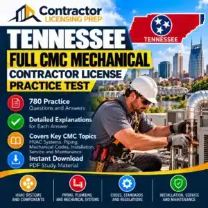 Tennessee Full CMC Mechanical Contractor License Practice Test featuring 780 practice questions and answers covering HVAC systems, piping, mechanical codes, installation, service, and maintenance.