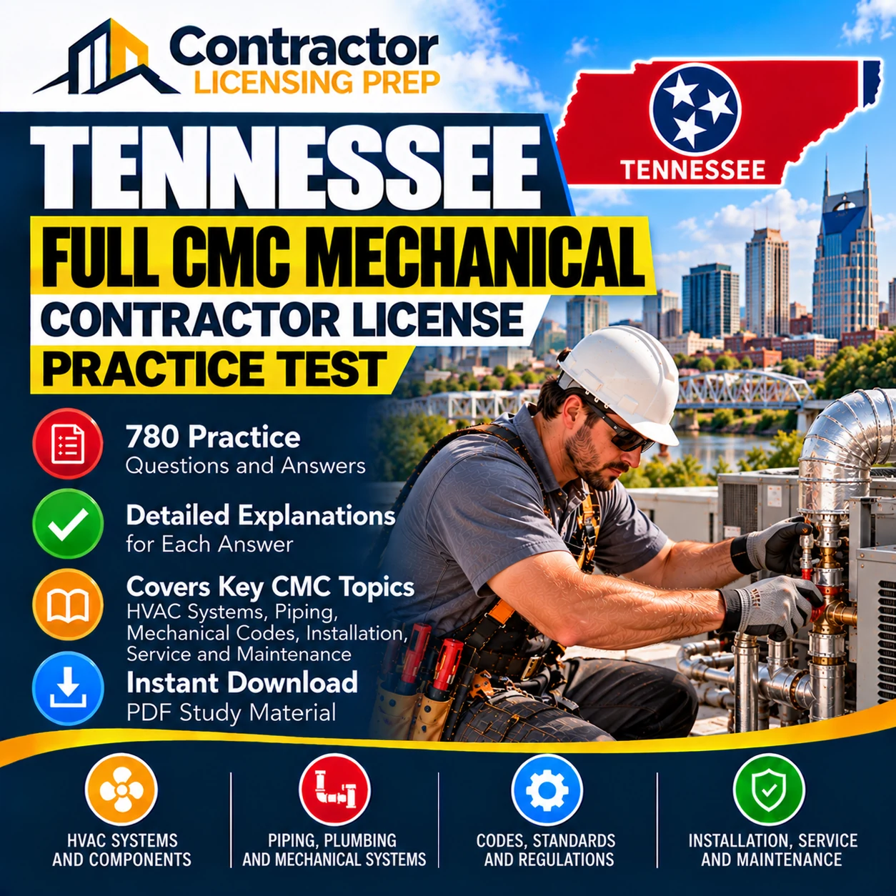 Tennessee Full CMC Mechanical Contractor License Practice Test featuring 780 practice questions and answers covering HVAC systems, piping, mechanical codes, installation, service, and maintenance.