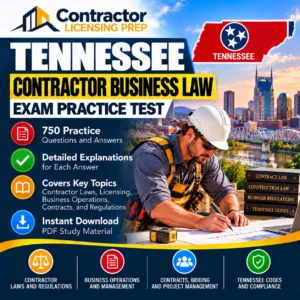 - Tennessee Contractor Business & Law Exam Practice Test featuring 750 practice questions and answers covering licensing, contracts, business operations, regulations, and project management.