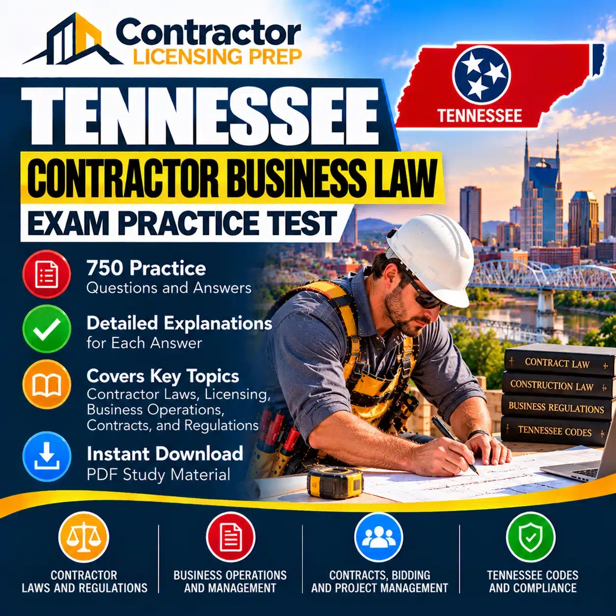 - Tennessee Contractor Business & Law Exam Practice Test featuring 750 practice questions and answers covering licensing, contracts, business operations, regulations, and project management.
