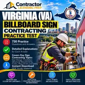 Virginia Billboard Sign Contracting Practice Test featuring 730 practice questions and answers on sign installation, structural requirements, codes, permits, and safety.