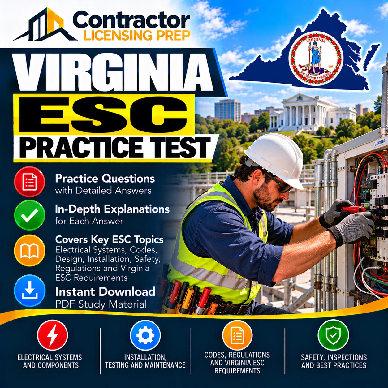 Virginia ESC Practice Test featuring electrical systems, installation, testing, maintenance, safety, and Virginia electrical code requirements.